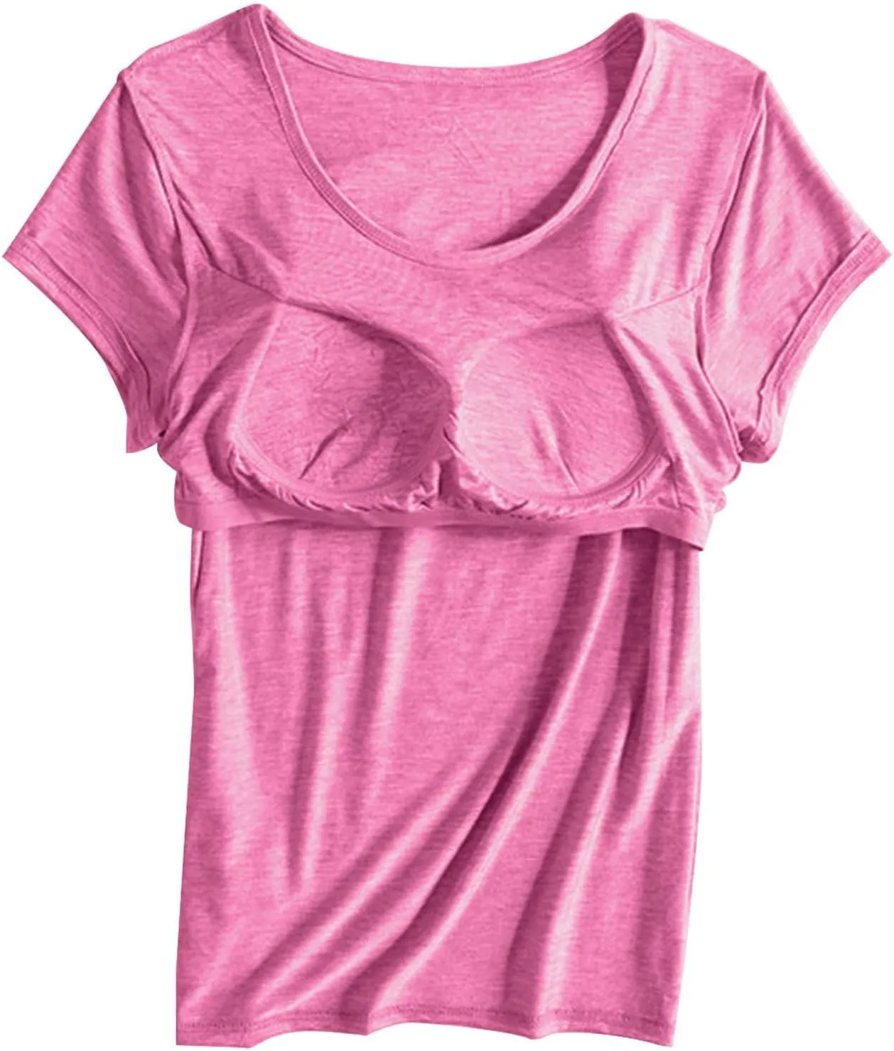 Womens Built-in Bra T-Shirt Padded Active Yoga Tops Short Sleeves Plain Blouses Soft Pajama Casual Workout Shirts
