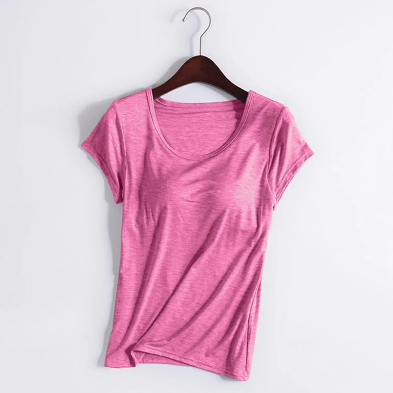 Womens Built-in Bra T-Shirt Padded Active Yoga Tops Short Sleeves Plain Blouses Soft Pajama Casual Workout Shirts