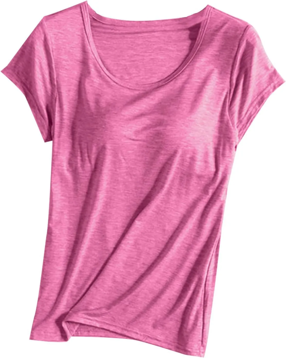 Womens Built-in Bra T-Shirt Padded Active Yoga Tops Short Sleeves Plain Blouses Soft Pajama Casual Workout Shirts