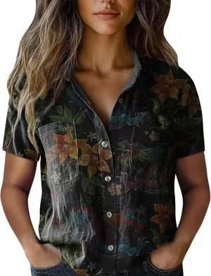 Womens Button Down Linen Shirt Breathable Tops Loose V Neck Collared Tops Womens Daily Shirts Short Sleeve Boho Shirts Tops