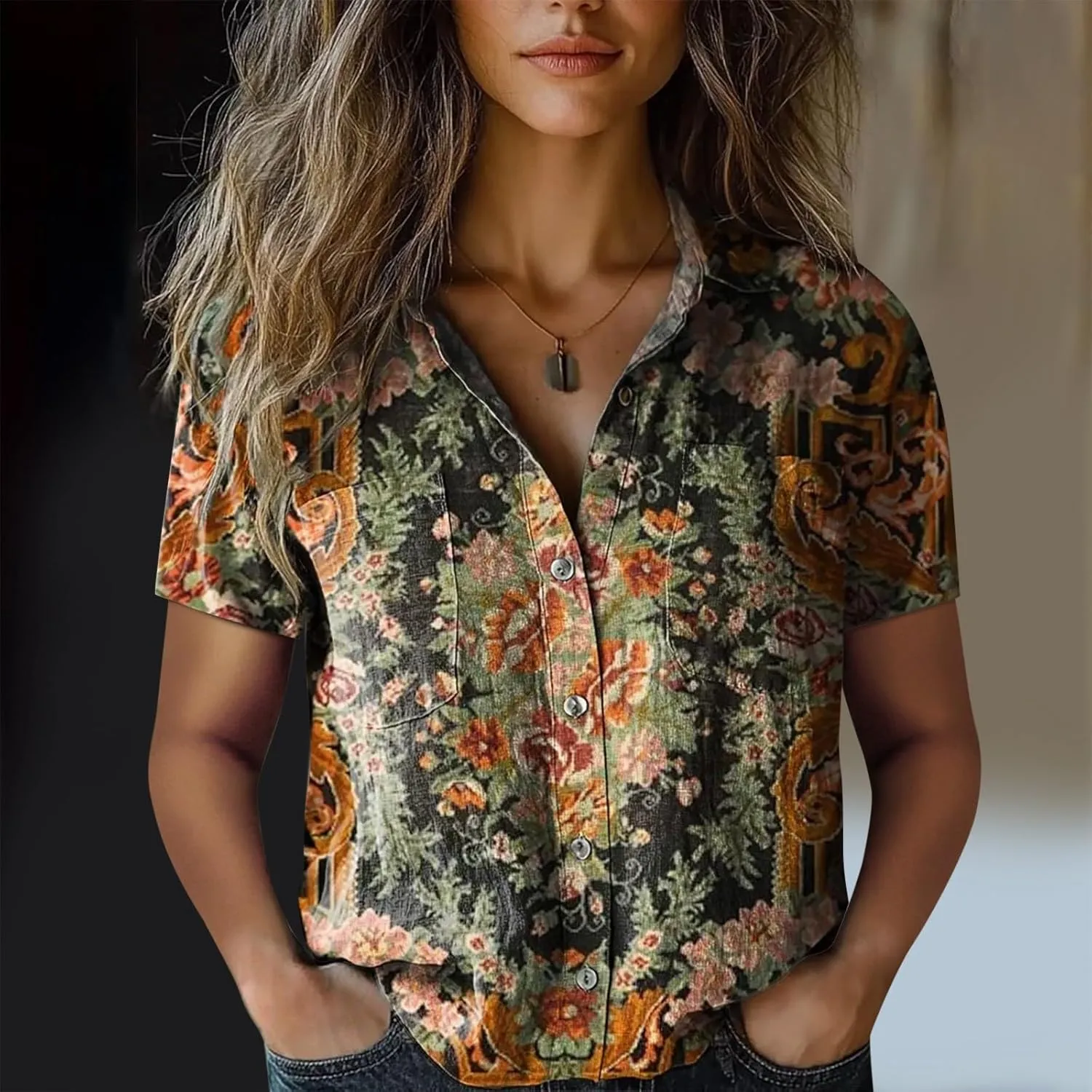 Womens Button Down Linen Shirt Breathable Tops Loose V Neck Collared Tops Womens Daily Shirts Short Sleeve Boho Shirts Tops