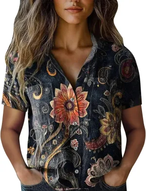 Womens Button Down Linen Shirt Breathable Tops Loose V Neck Collared Tops Womens Daily Shirts Short Sleeve Boho Shirts Tops