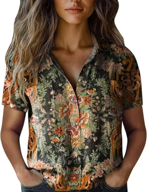 Womens Button Down Linen Shirt Breathable Tops Loose V Neck Collared Tops Womens Daily Shirts Short Sleeve Boho Shirts Tops