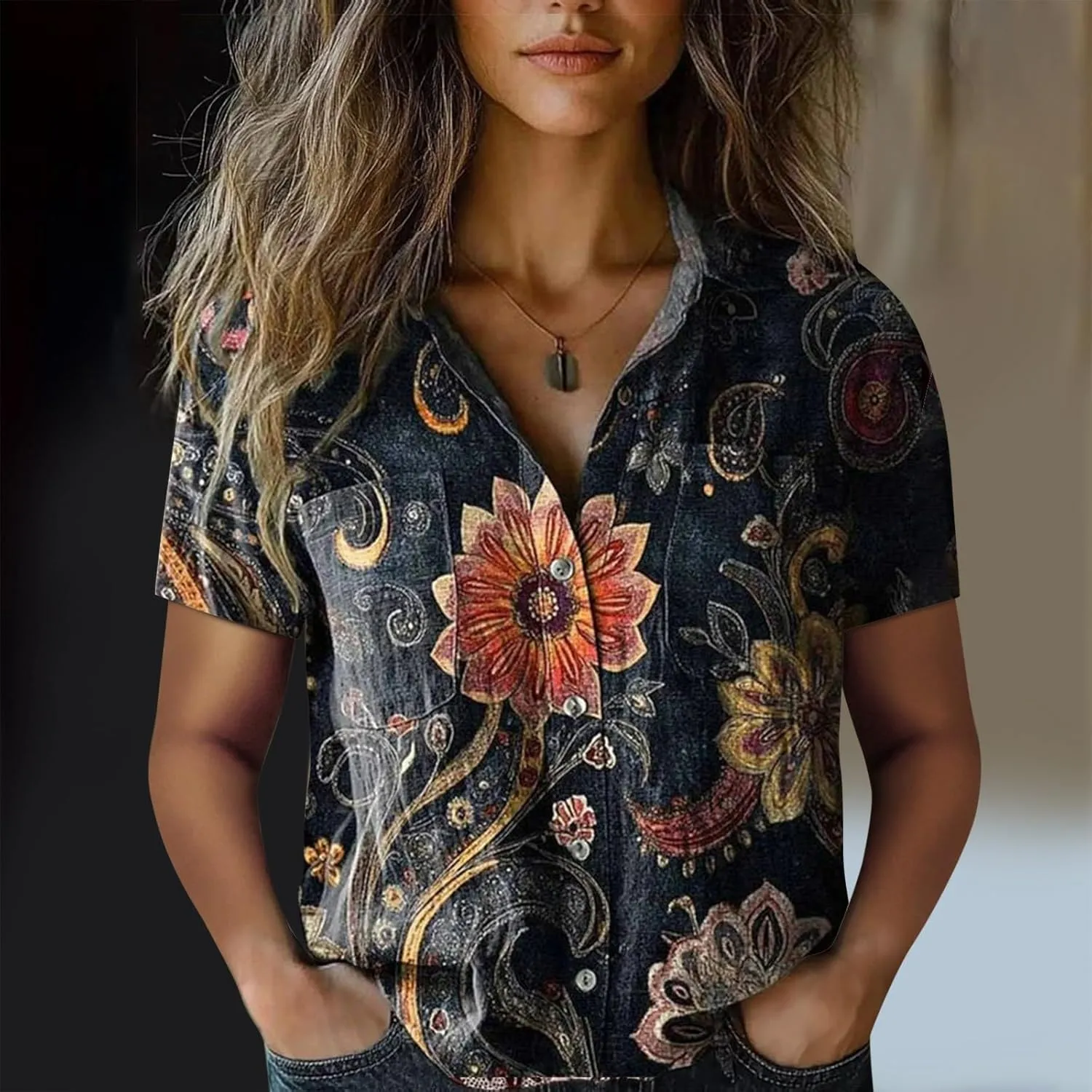 Womens Button Down Linen Shirt Breathable Tops Loose V Neck Collared Tops Womens Daily Shirts Short Sleeve Boho Shirts Tops