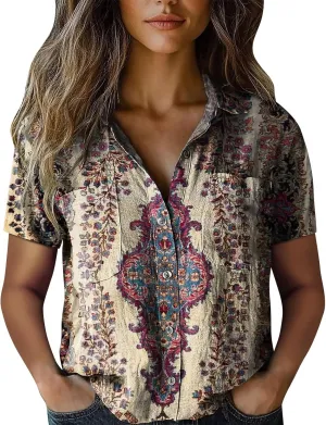 Womens Button Down Linen Shirt Breathable Tops Loose V Neck Collared Tops Womens Daily Shirts Short Sleeve Boho Shirts Tops