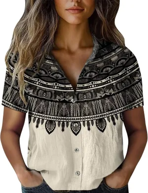 Womens Button Down Linen Shirt Breathable Tops Loose V Neck Collared Tops Womens Daily Shirts Short Sleeve Boho Shirts Tops