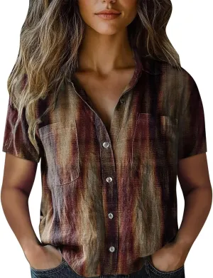 Womens Button Down Linen Shirt Breathable Tops Loose V Neck Collared Tops Womens Daily Shirts Short Sleeve Boho Shirts Tops