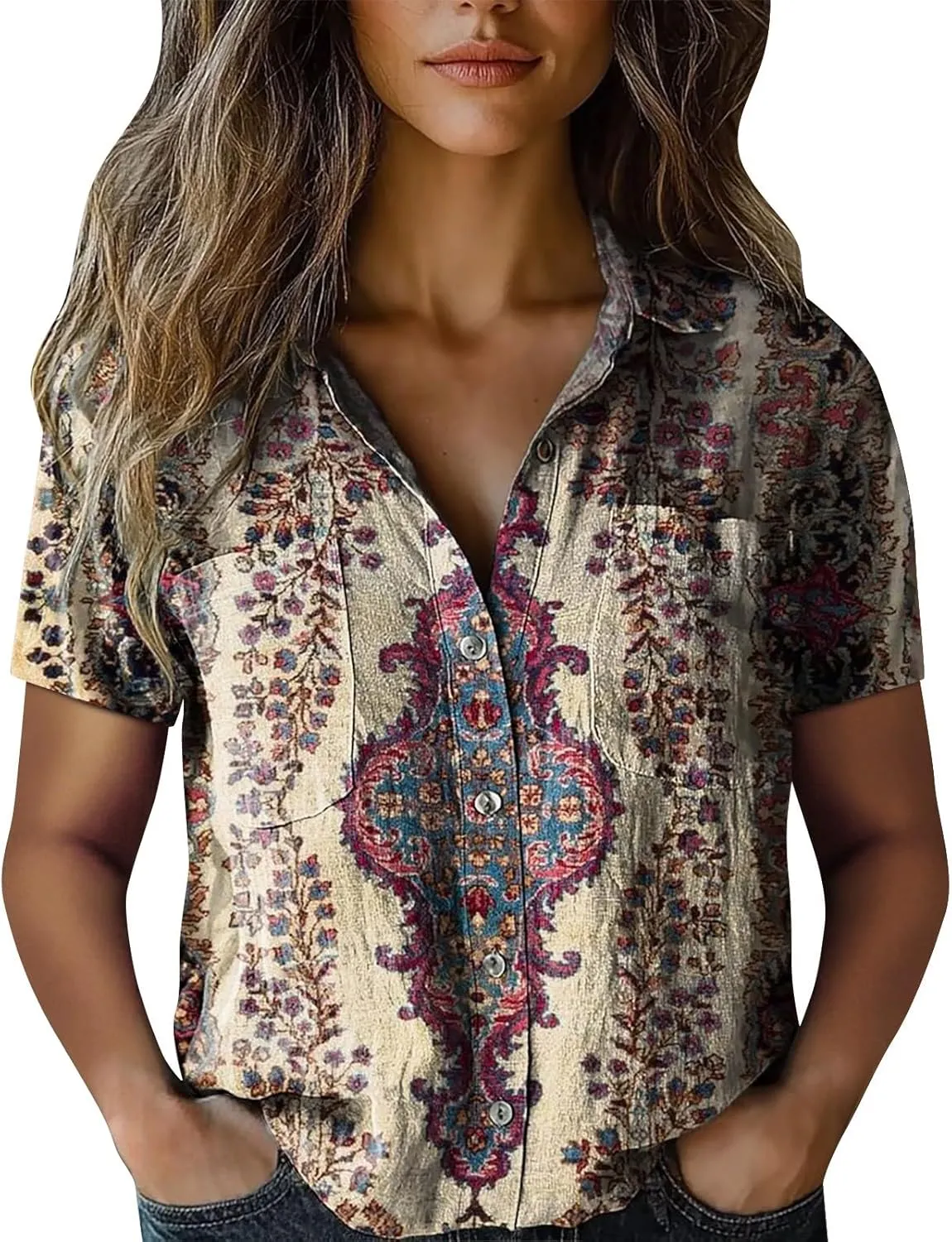 Womens Button Down Linen Shirt Breathable Tops Loose V Neck Collared Tops Womens Daily Shirts Short Sleeve Boho Shirts Tops