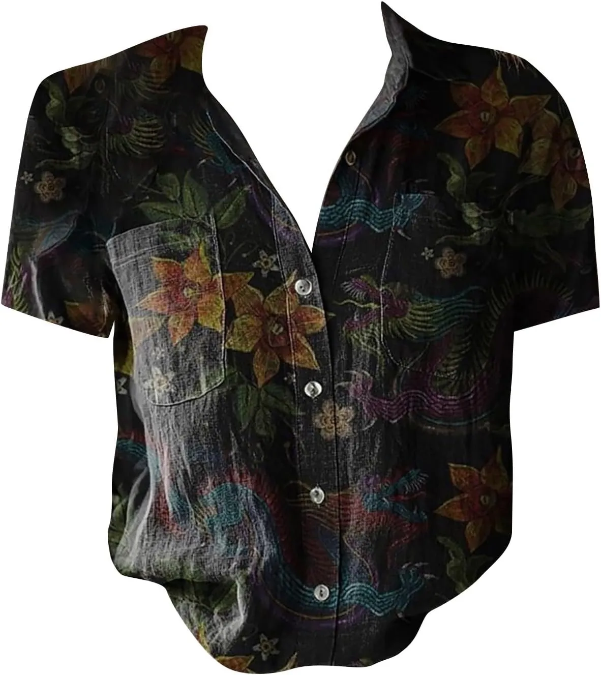 Womens Button Down Linen Shirt Breathable Tops Loose V Neck Collared Tops Womens Daily Shirts Short Sleeve Boho Shirts Tops