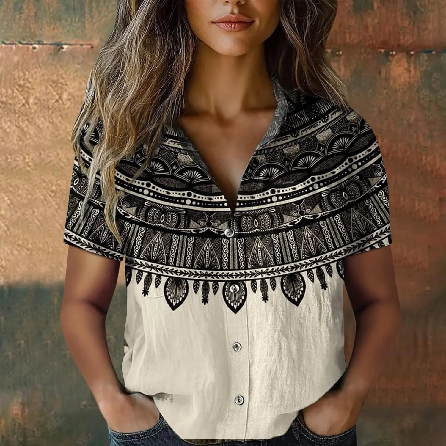 Womens Button Down Linen Shirt Breathable Tops Loose V Neck Collared Tops Womens Daily Shirts Short Sleeve Boho Shirts Tops