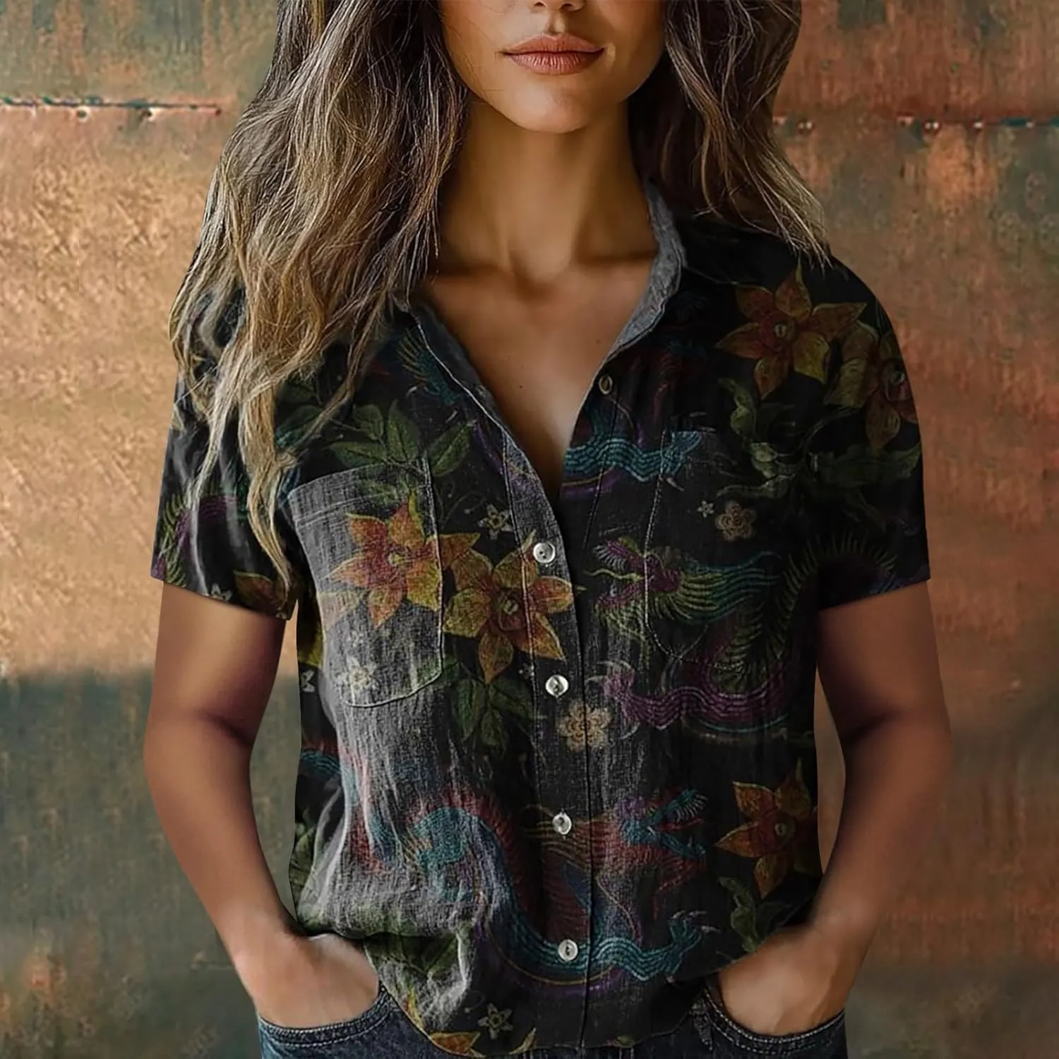 Womens Button Down Linen Shirt Breathable Tops Loose V Neck Collared Tops Womens Daily Shirts Short Sleeve Boho Shirts Tops