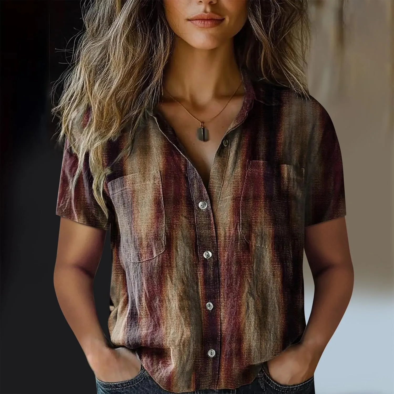 Womens Button Down Linen Shirt Breathable Tops Loose V Neck Collared Tops Womens Daily Shirts Short Sleeve Boho Shirts Tops