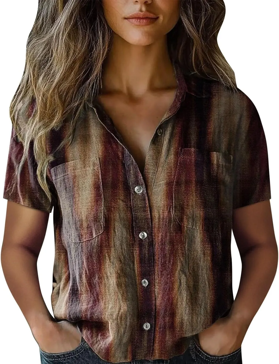 Womens Button Down Linen Shirt Breathable Tops Loose V Neck Collared Tops Womens Daily Shirts Short Sleeve Boho Shirts Tops