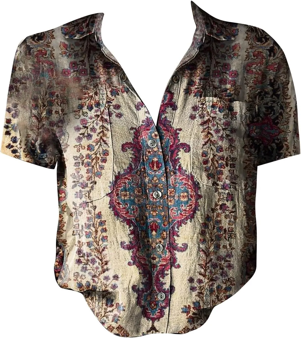 Womens Button Down Linen Shirt Breathable Tops Loose V Neck Collared Tops Womens Daily Shirts Short Sleeve Boho Shirts Tops
