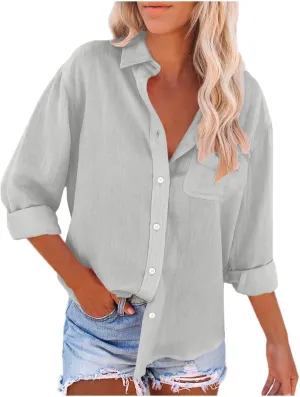 Womens Button Down Shirts Summer Long Sleeve Rolled Cotton Linen Tees Casual V Neck Collared Dressy Tops with Pocket