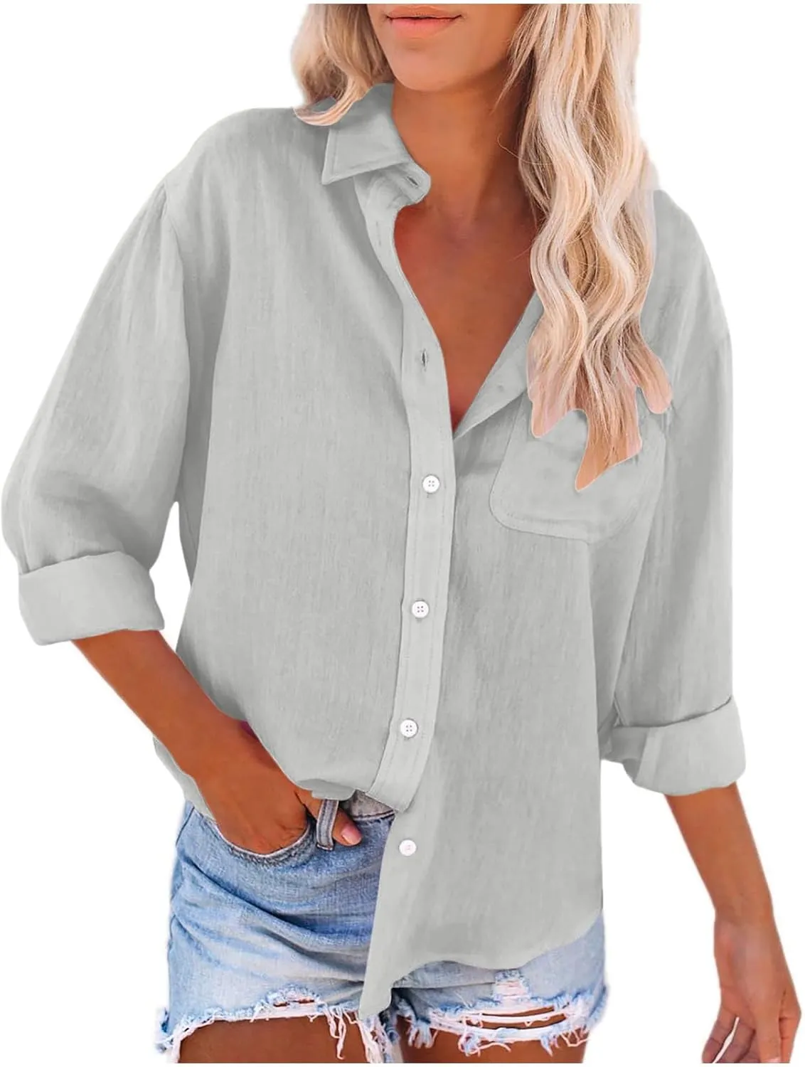 Womens Button Down Shirts Summer Long Sleeve Rolled Cotton Linen Tees Casual V Neck Collared Dressy Tops with Pocket