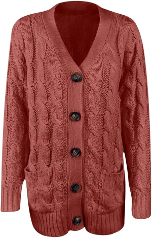 Women's Cable Knit Sweater Cardigan Winter Single Breasted Coats Casual Breathable Stretch Sweaters with Pockets