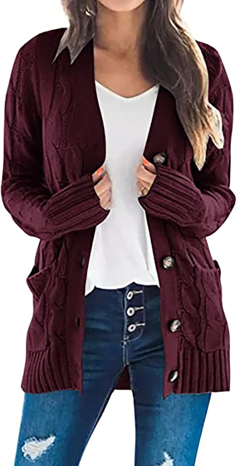 Women's Cable Knit Sweaters Long Cardigan Button Down Winter Clothes 2022 Drop Shoulder Knit Outerwear with Pockets