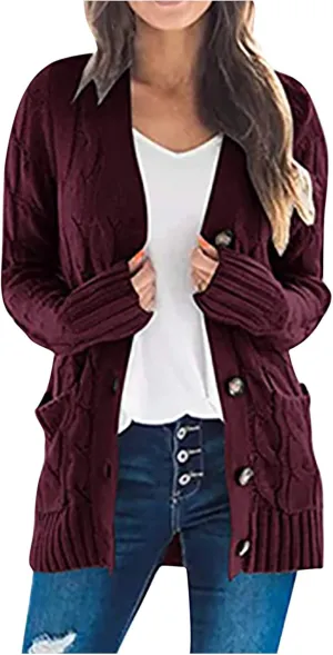 Women's Cable Knit Sweaters Long Cardigan Button Down Winter Clothes 2022 Drop Shoulder Knit Outerwear with Pockets