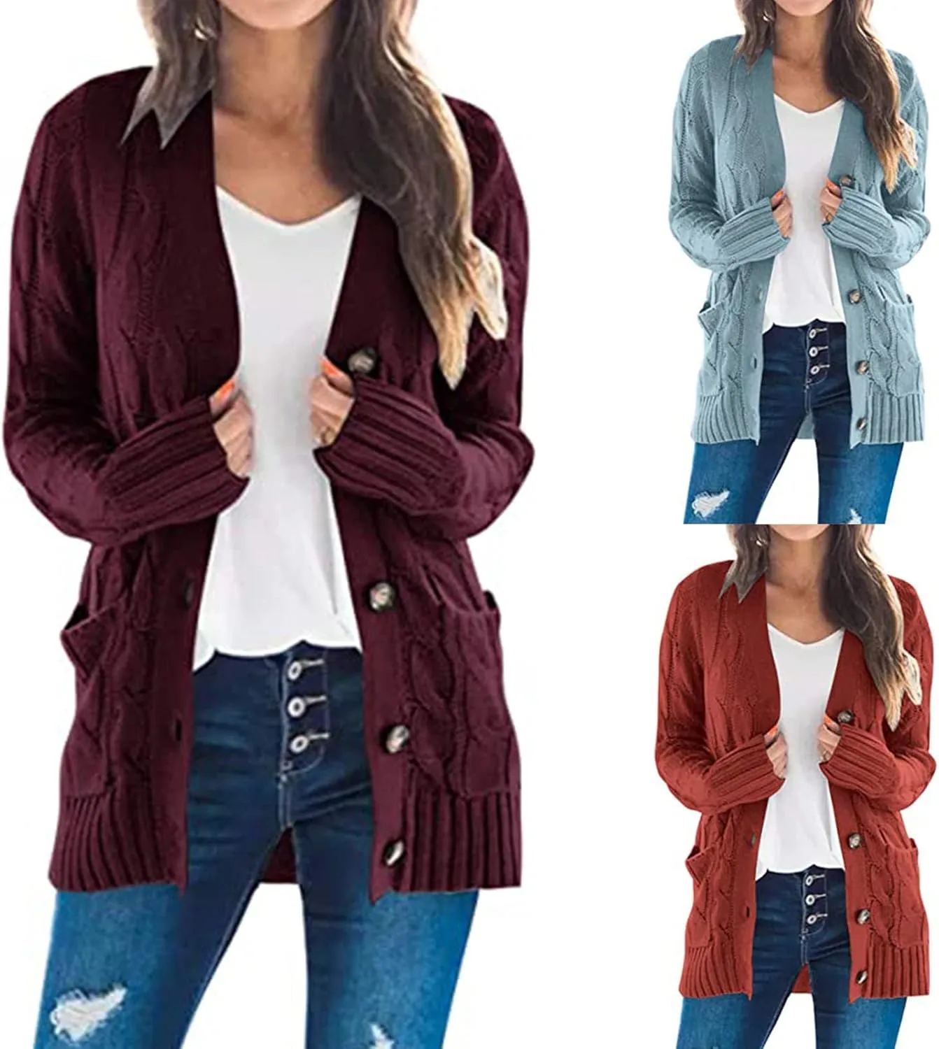 Women's Cable Knit Sweaters Long Cardigan Button Down Winter Clothes 2022 Drop Shoulder Knit Outerwear with Pockets