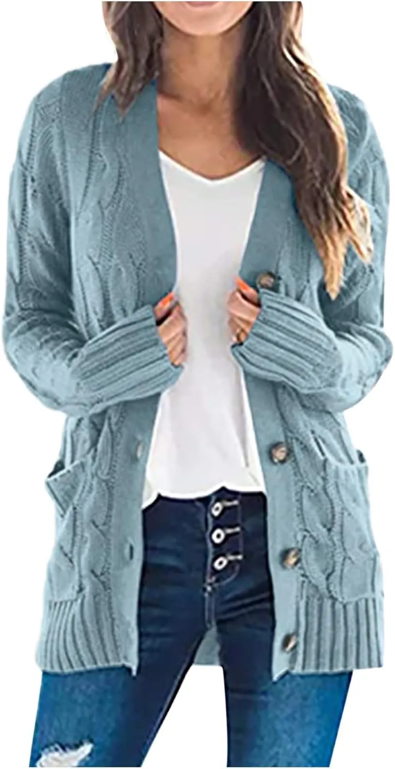 Women's Cable Knit Sweaters Long Cardigan Button Down Winter Clothes 2022 Drop Shoulder Knit Outerwear with Pockets