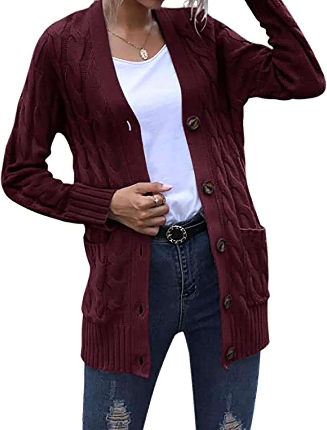 Women's Cable Knit Sweaters Long Cardigan Button Down Winter Clothes 2022 Drop Shoulder Knit Outerwear with Pockets