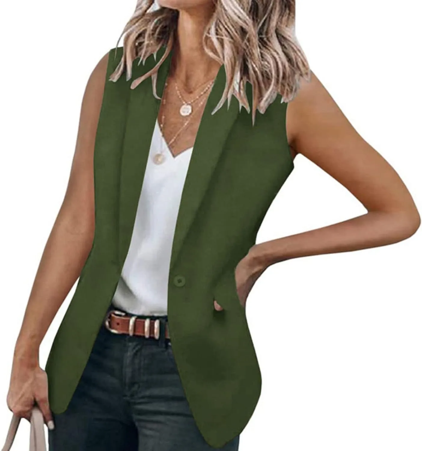 Womens Casual Business Sleeveless Blazer Vest with Pockets Lapel Work Office Blazers Jacket Open Front Button Outerwear