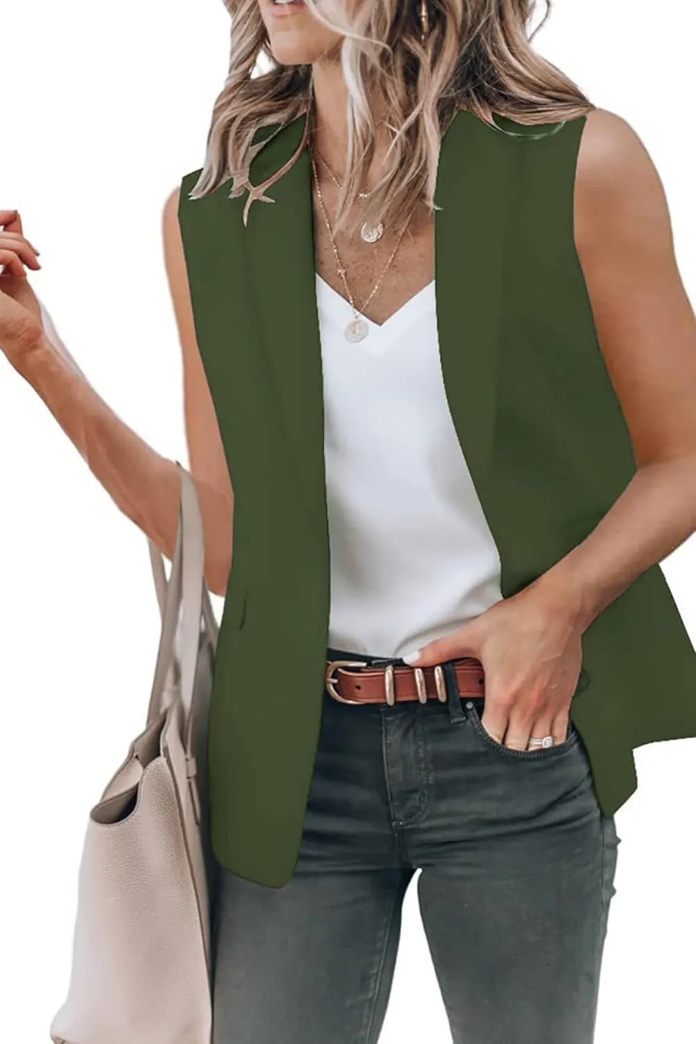 Womens Casual Business Sleeveless Blazer Vest with Pockets Lapel Work Office Blazers Jacket Open Front Button Outerwear