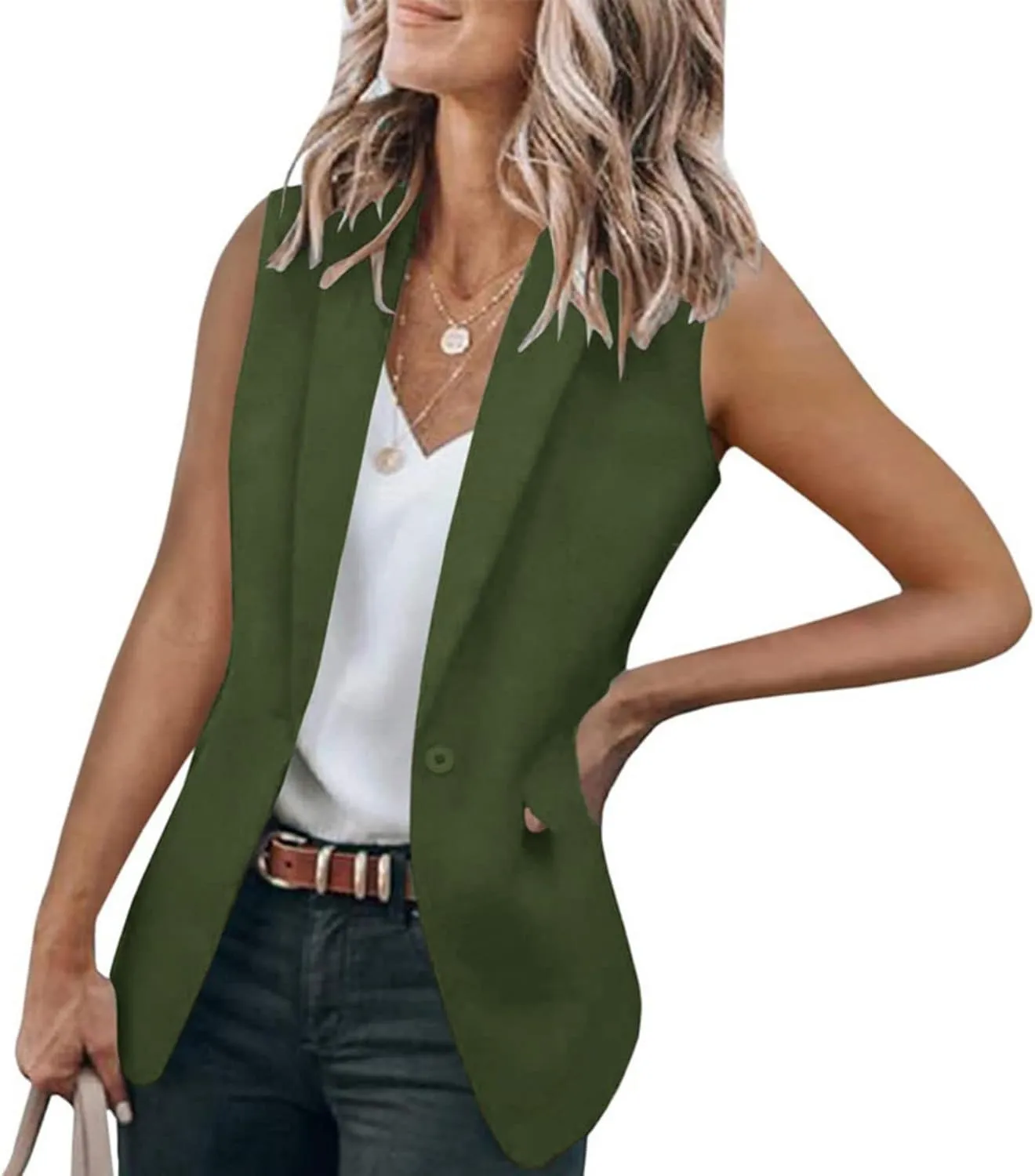 Womens Casual Business Sleeveless Blazer Vest with Pockets Lapel Work Office Blazers Jacket Open Front Button Outerwear