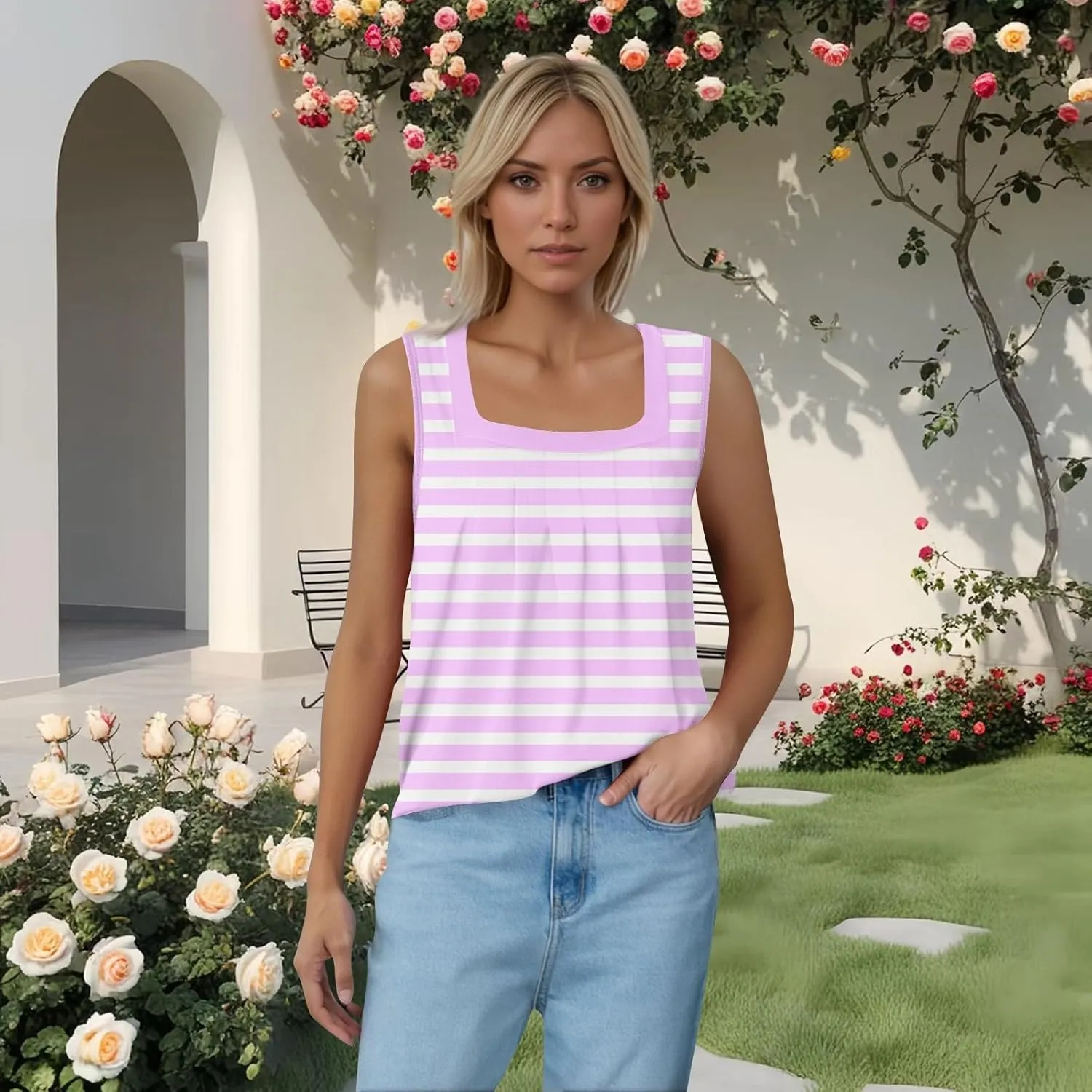 Women's Casual Red and White Striped Sleeveless Top Summer Fashion Square Neck Tank for Everyday Wear