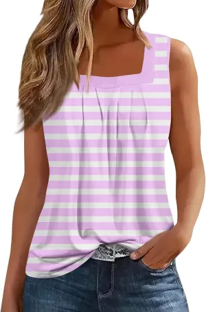 Women's Casual Red and White Striped Sleeveless Top Summer Fashion Square Neck Tank for Everyday Wear