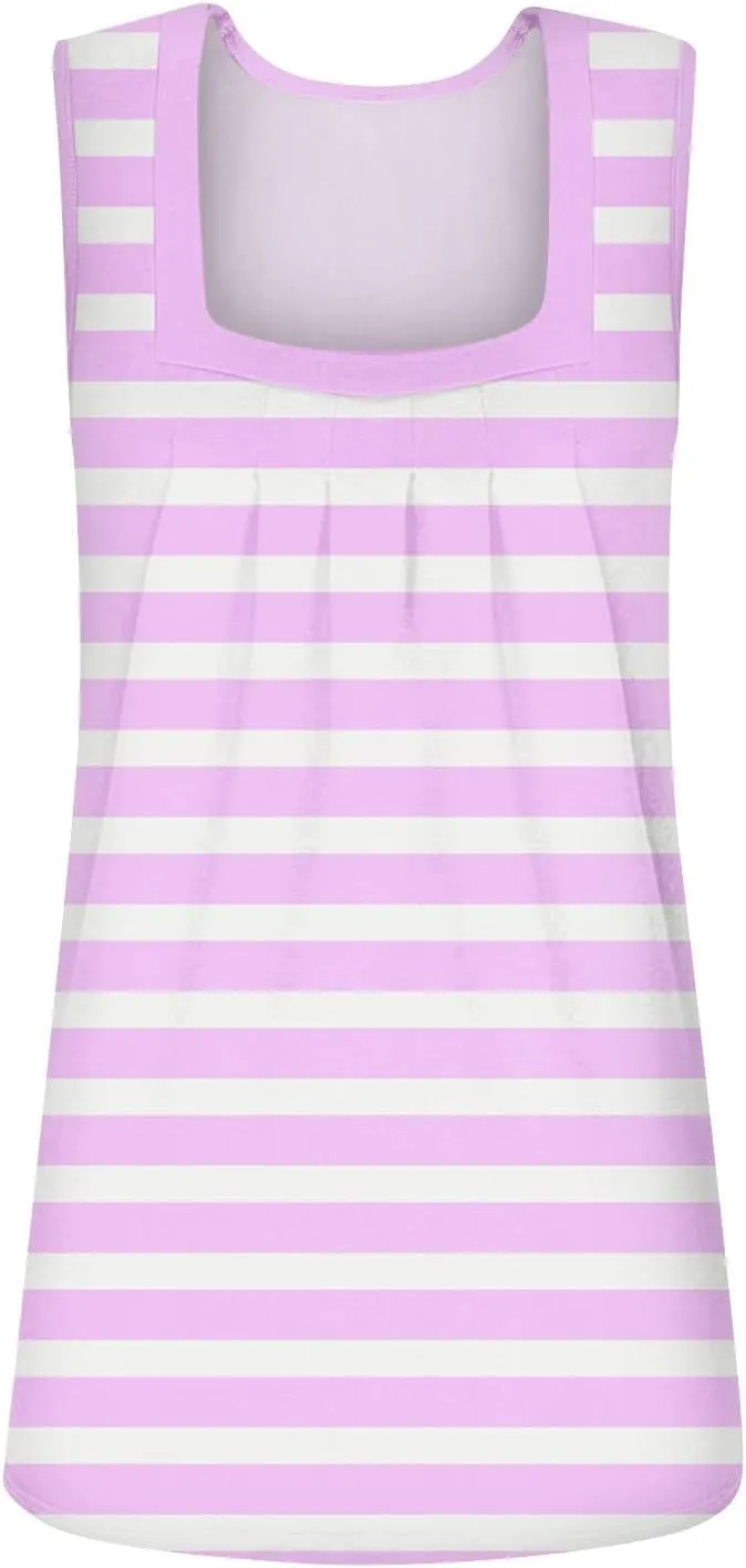 Women's Casual Red and White Striped Sleeveless Top Summer Fashion Square Neck Tank for Everyday Wear