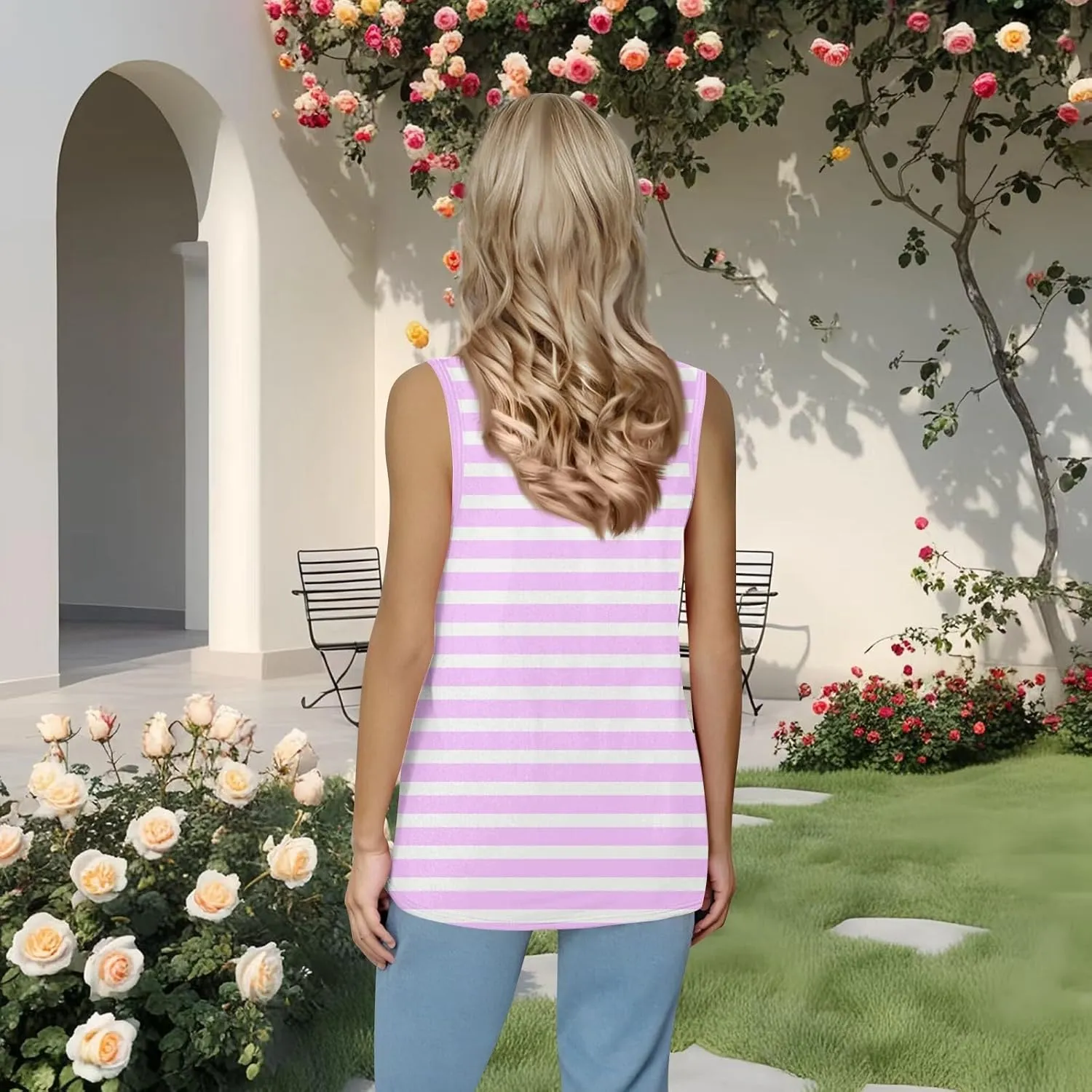 Women's Casual Red and White Striped Sleeveless Top Summer Fashion Square Neck Tank for Everyday Wear