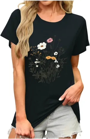 Womens Casual Tops Cap Sleeves Round Neck Loose fit Tunic Top T-Shirts Floral Graphic Comfy Spring Summer Tee Shirts