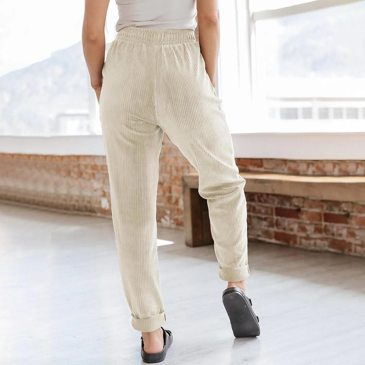 Women's Corduroy Pants Casual Drawstring Elastic High Waist Straight Leg Bottoms Fall Winter Comfy Trousers