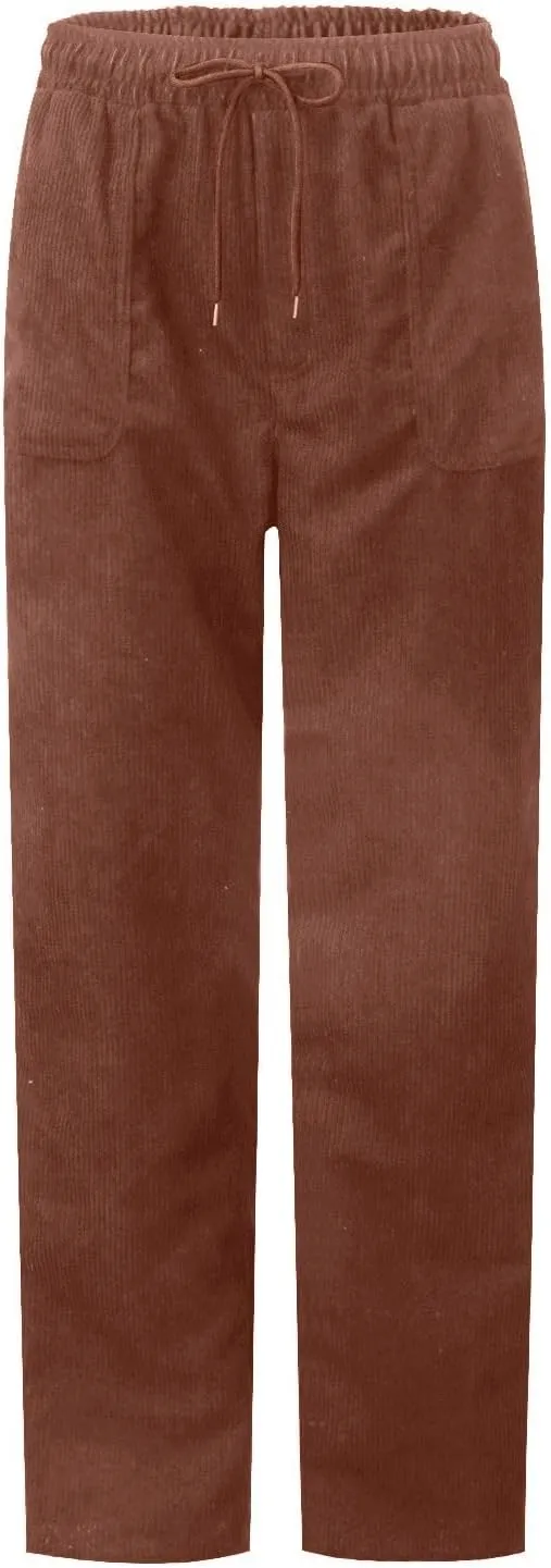 Women's Corduroy Pants Casual Drawstring Elastic High Waist Straight Leg Bottoms Fall Winter Comfy Trousers