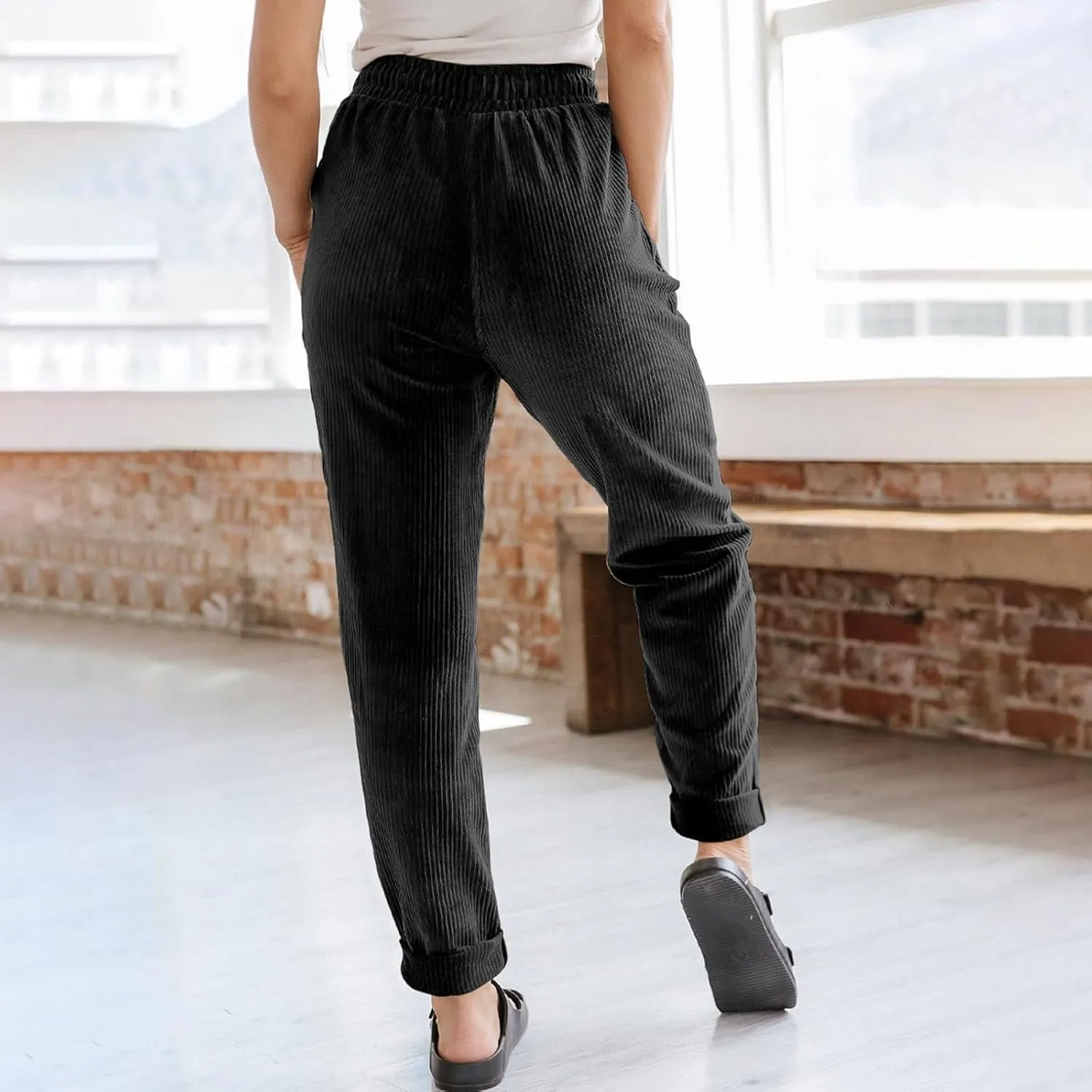 Women's Corduroy Pants Casual Drawstring Elastic High Waist Straight Leg Bottoms Fall Winter Comfy Trousers