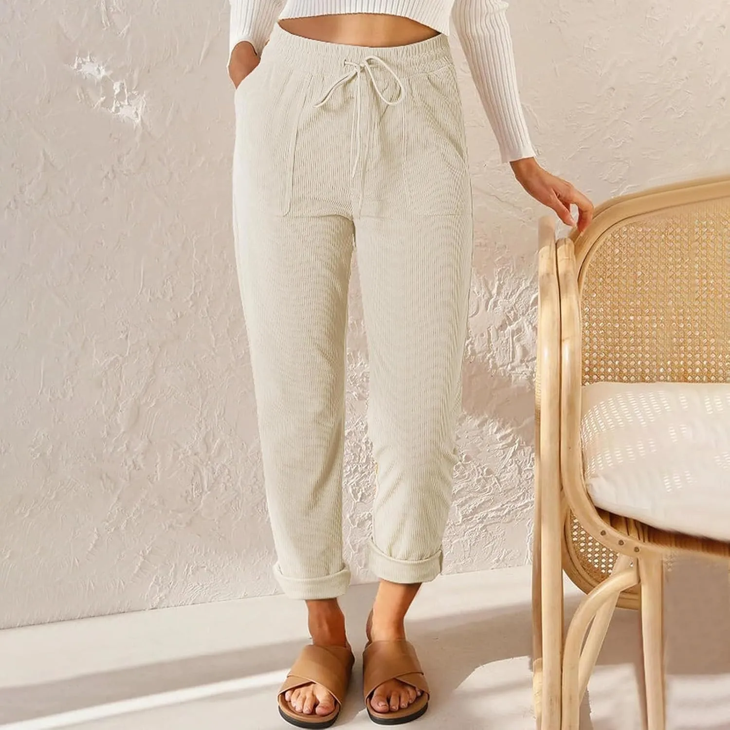 Women's Corduroy Pants Casual Drawstring Elastic High Waist Straight Leg Bottoms Fall Winter Comfy Trousers