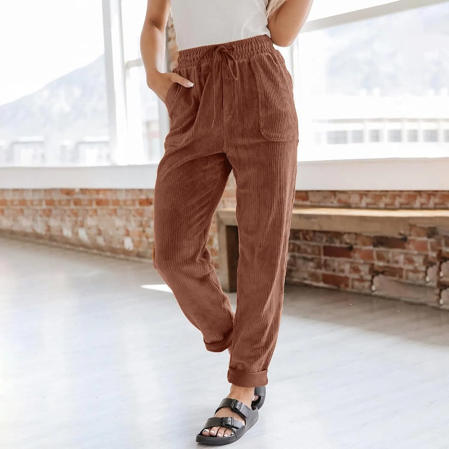 Women's Corduroy Pants Casual Drawstring Elastic High Waist Straight Leg Bottoms Fall Winter Comfy Trousers