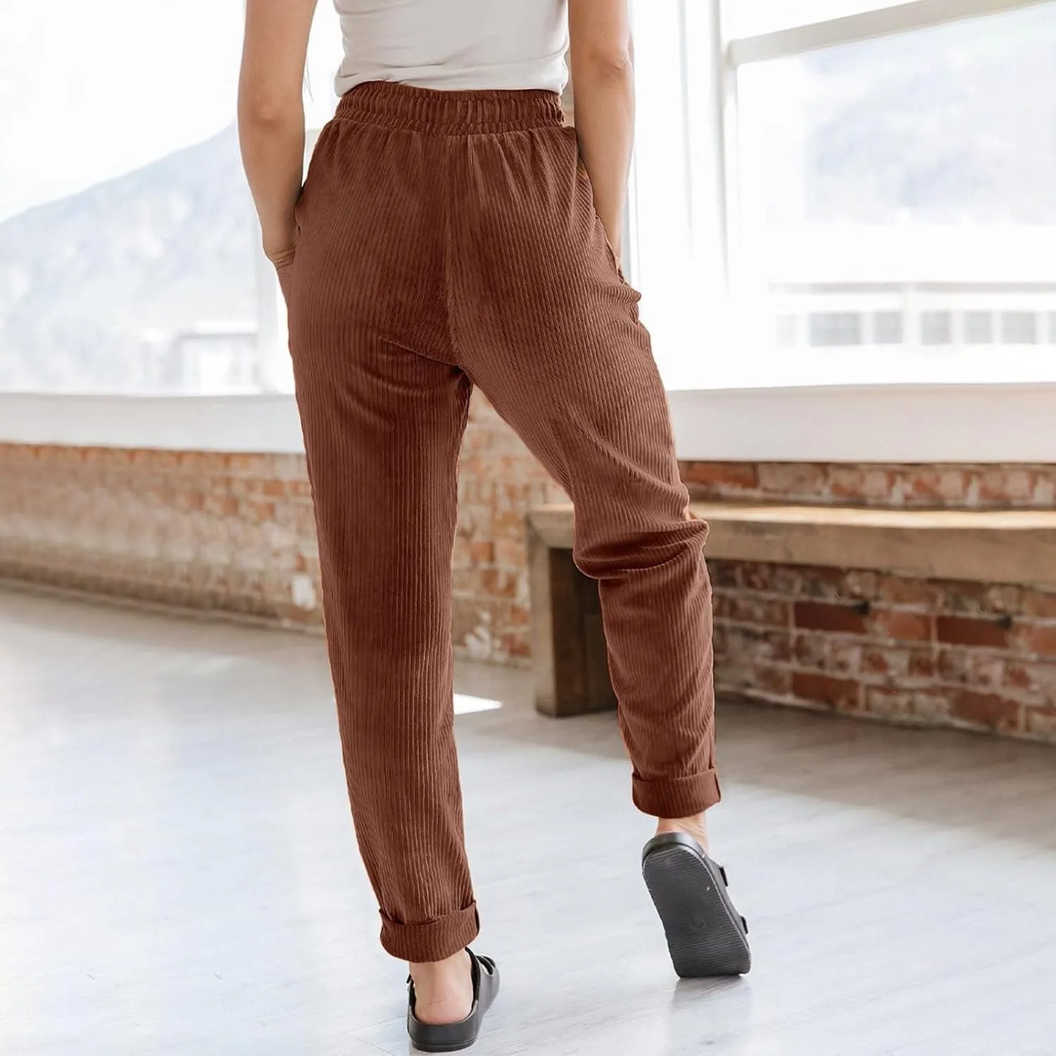 Women's Corduroy Pants Casual Drawstring Elastic High Waist Straight Leg Bottoms Fall Winter Comfy Trousers