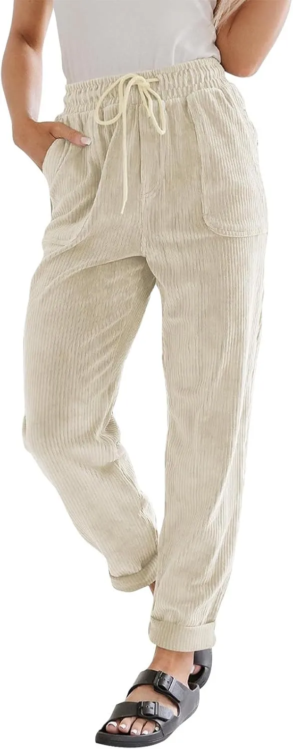 Women's Corduroy Pants Casual Drawstring Elastic High Waist Straight Leg Bottoms Fall Winter Comfy Trousers