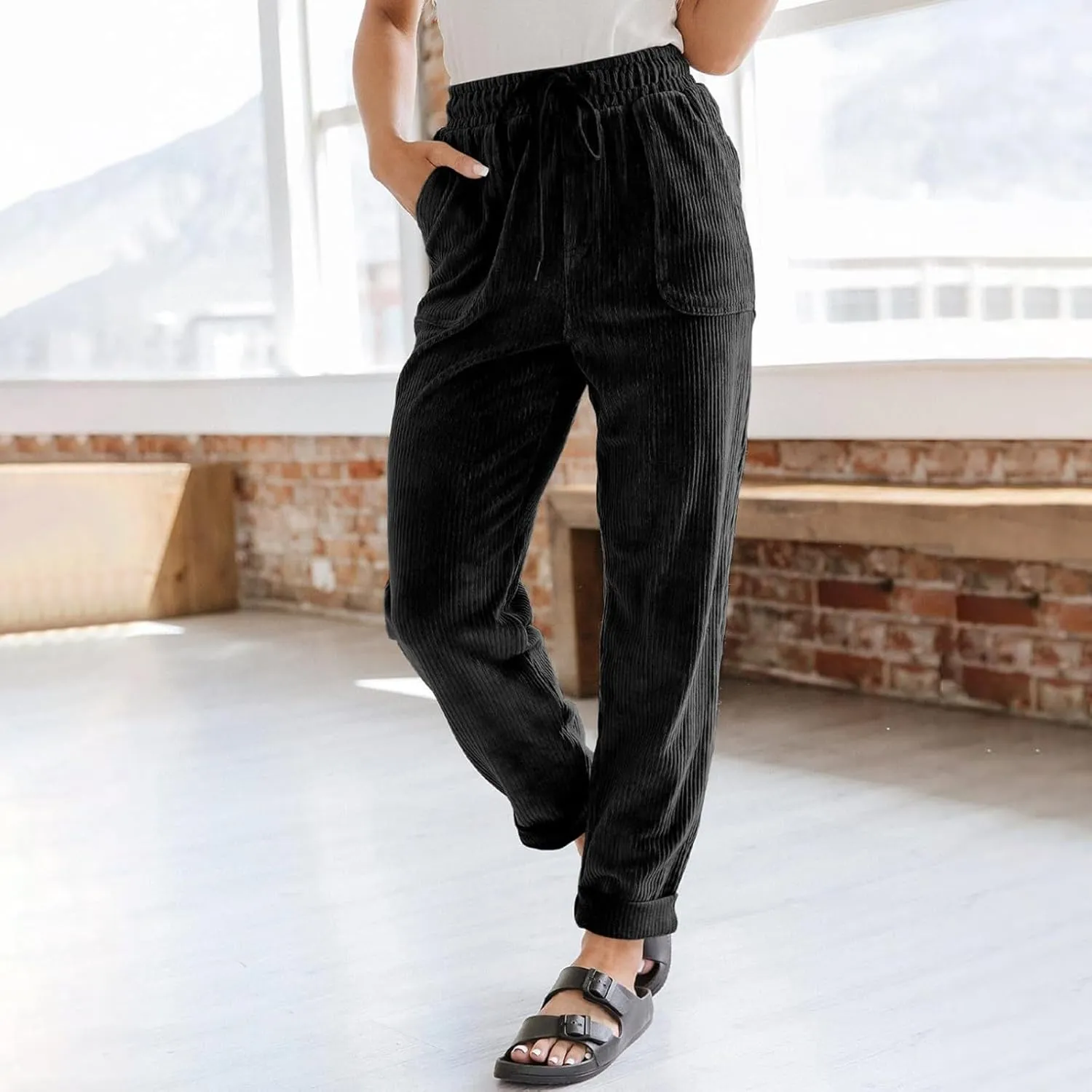 Women's Corduroy Pants Casual Drawstring Elastic High Waist Straight Leg Bottoms Fall Winter Comfy Trousers