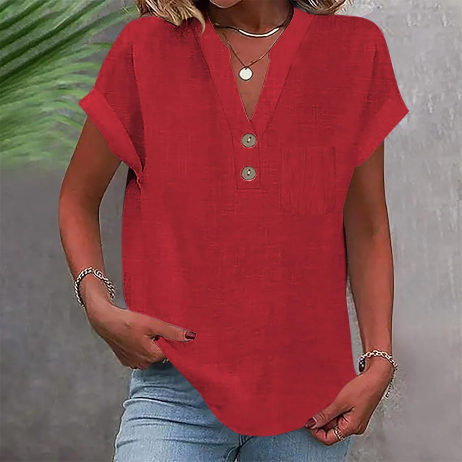 Womens Cotton Gauze Tops Linen Summer Blouses V Neck Short Sleeve Shirts Dressy Casual Tunics Beach Vacation Clothing