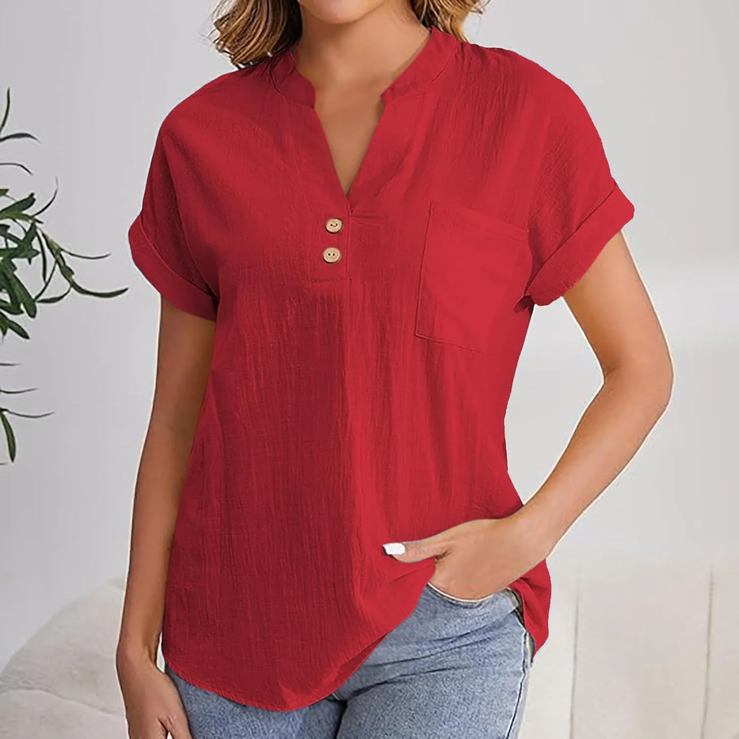 Womens Cotton Gauze Tops Linen Summer Blouses V Neck Short Sleeve Shirts Dressy Casual Tunics Beach Vacation Clothing