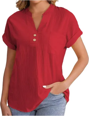Womens Cotton Gauze Tops Linen Summer Blouses V Neck Short Sleeve Shirts Dressy Casual Tunics Beach Vacation Clothing