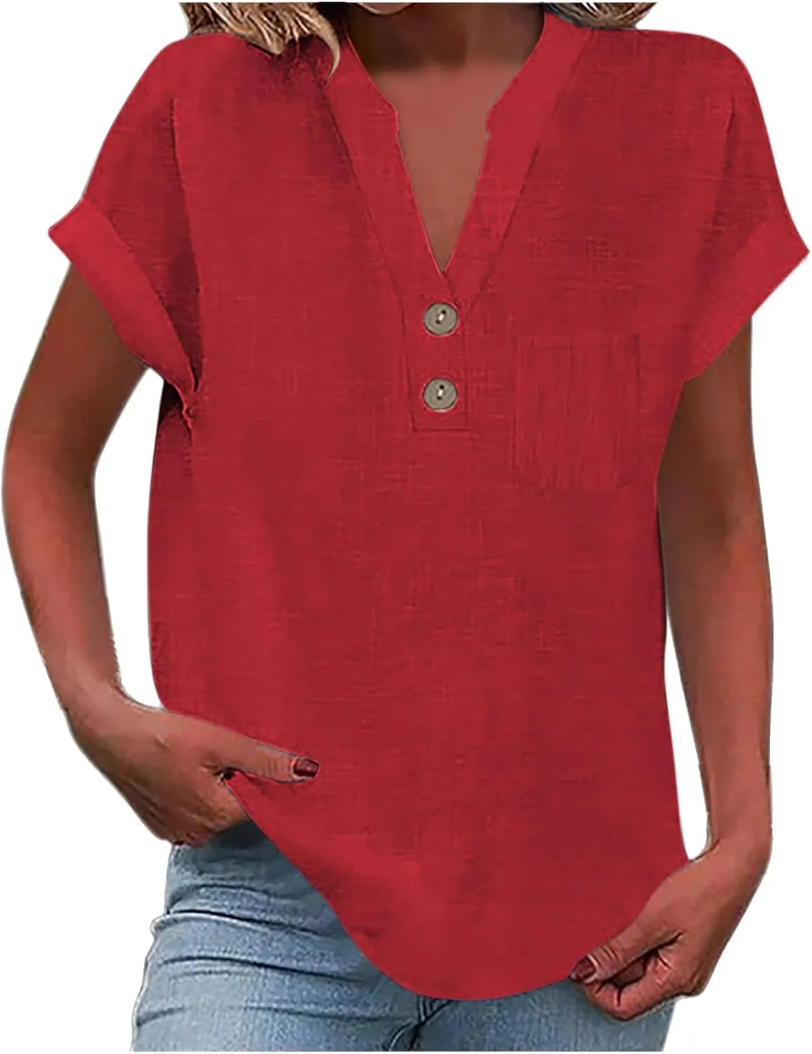 Womens Cotton Gauze Tops Linen Summer Blouses V Neck Short Sleeve Shirts Dressy Casual Tunics Beach Vacation Clothing