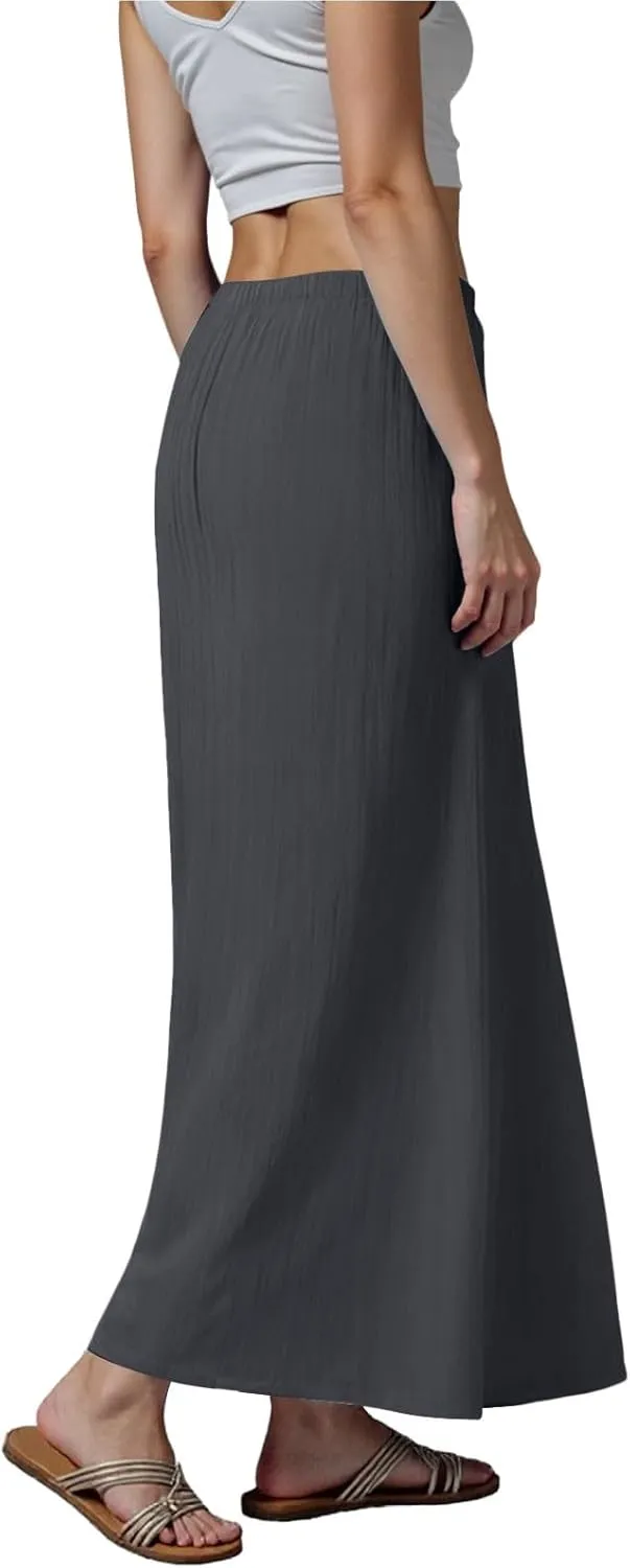Womens Cotton Linen Maxi Skirts Summer Elastic Waist Drawstring A Line Long Flared Vacation Boho Flowy Beach Skirt
