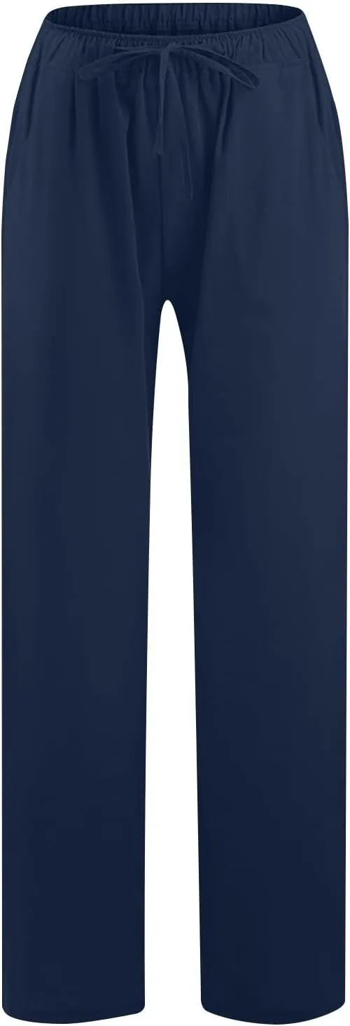 Women's Cotton Linen Palazzo Pants Wide Leg Beach Pants Summer Lightweight Pants Plus Size Lounge Pants with Pockets