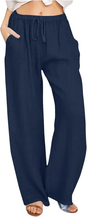 Women's Cotton Linen Palazzo Pants Wide Leg Beach Pants Summer Lightweight Pants Plus Size Lounge Pants with Pockets