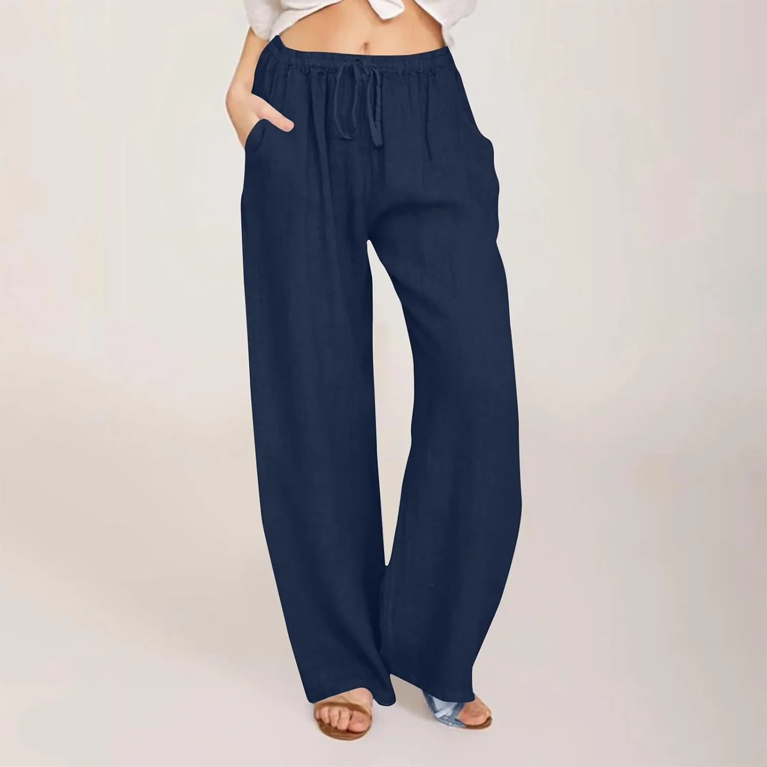 Women's Cotton Linen Palazzo Pants Wide Leg Beach Pants Summer Lightweight Pants Plus Size Lounge Pants with Pockets